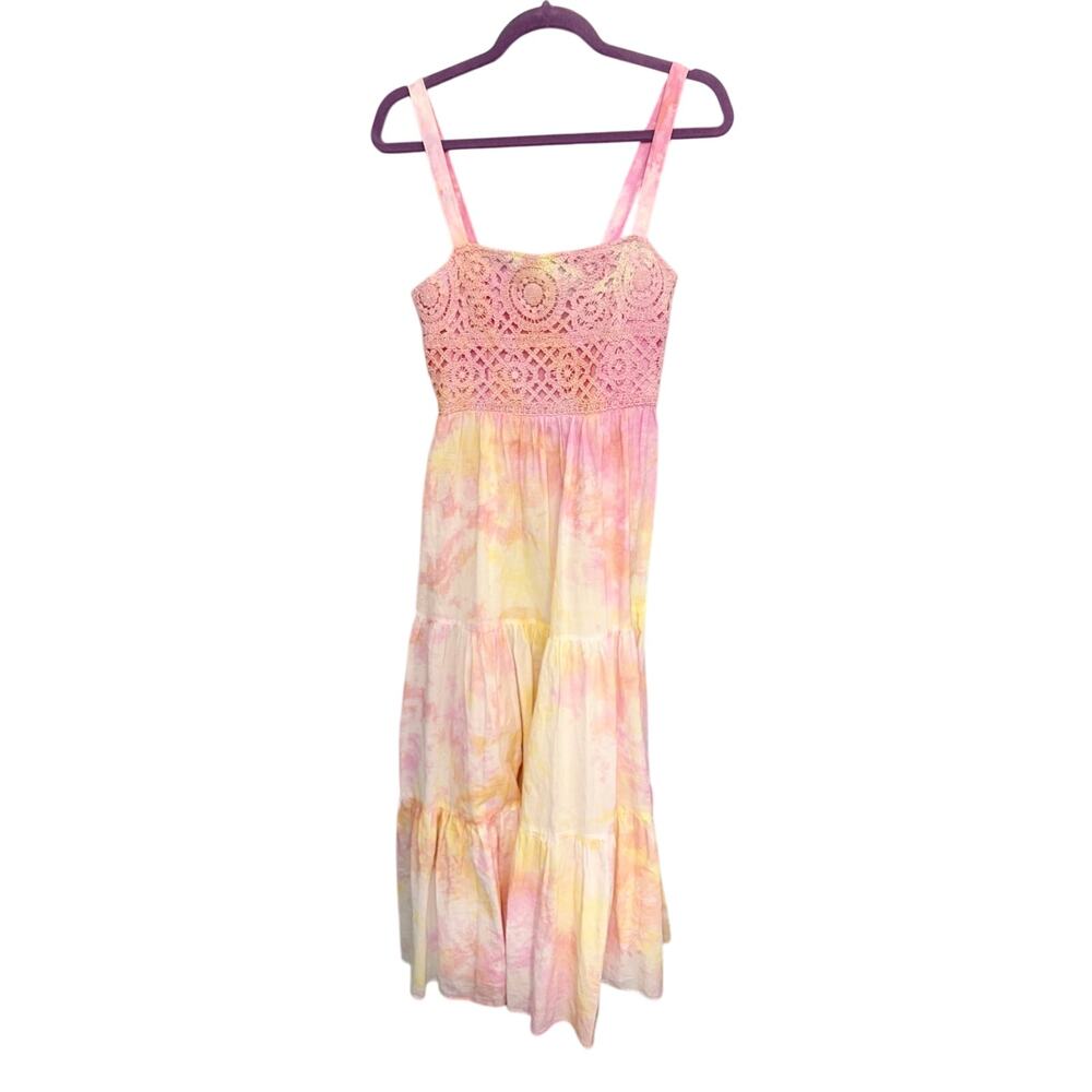 Zara Pink Yellow Tie Dye Crochet Cotton Tiered Boho Cottagecore Maxi Dress S